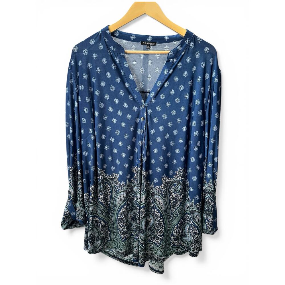 Ava & Grace Boho Blue Paisley Relaxed Top Size 3X Cottagecore 3/4 Sleeve